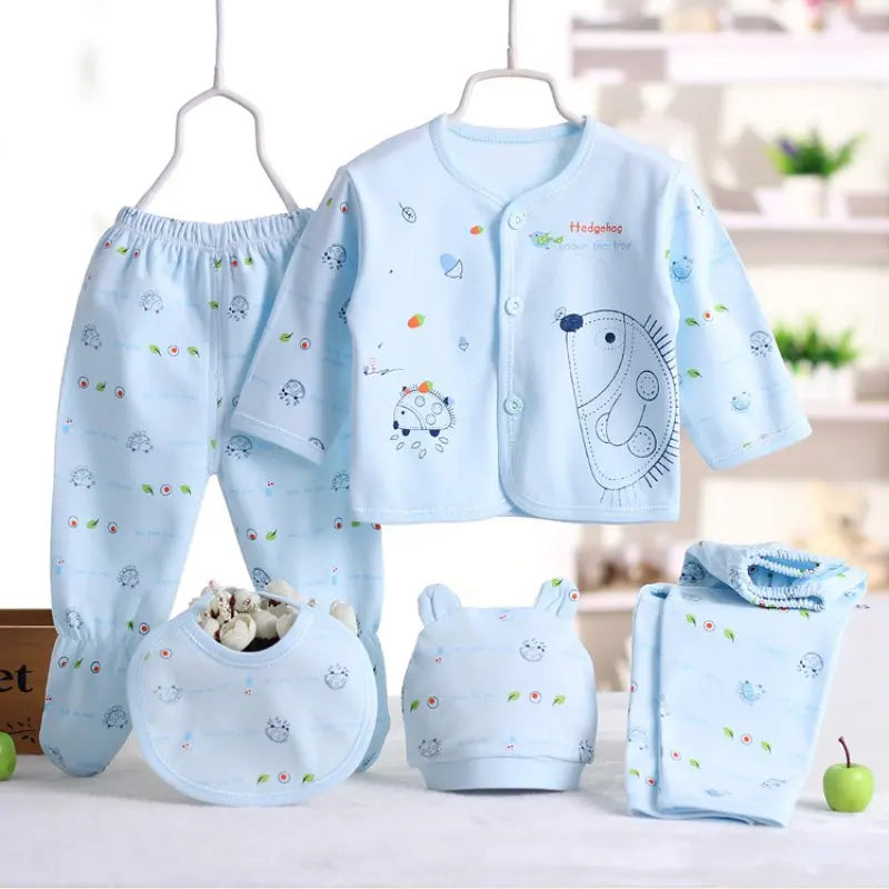 5pcs/set Newborn Baby Suit Set Top 2 Pants Hat Bibs 0-3 M Clothing Set