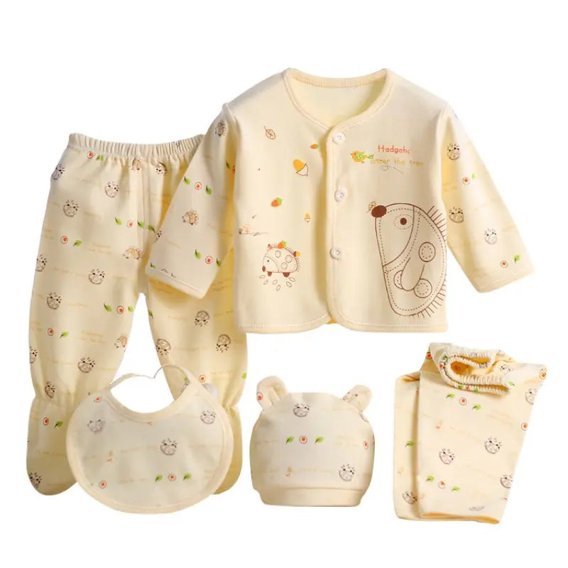 5pcs/set Newborn Baby Suit Set Top 2 Pants Hat Bibs 0-3 M Clothing Set