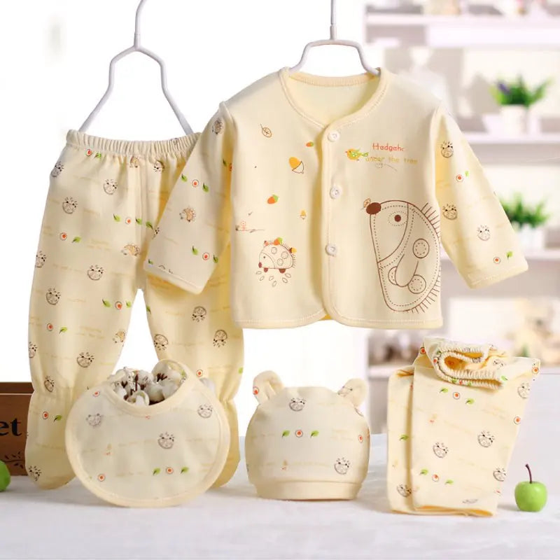 5pcs/set Newborn Baby Suit Set Top 2 Pants Hat Bibs 0-3 M Clothing Set