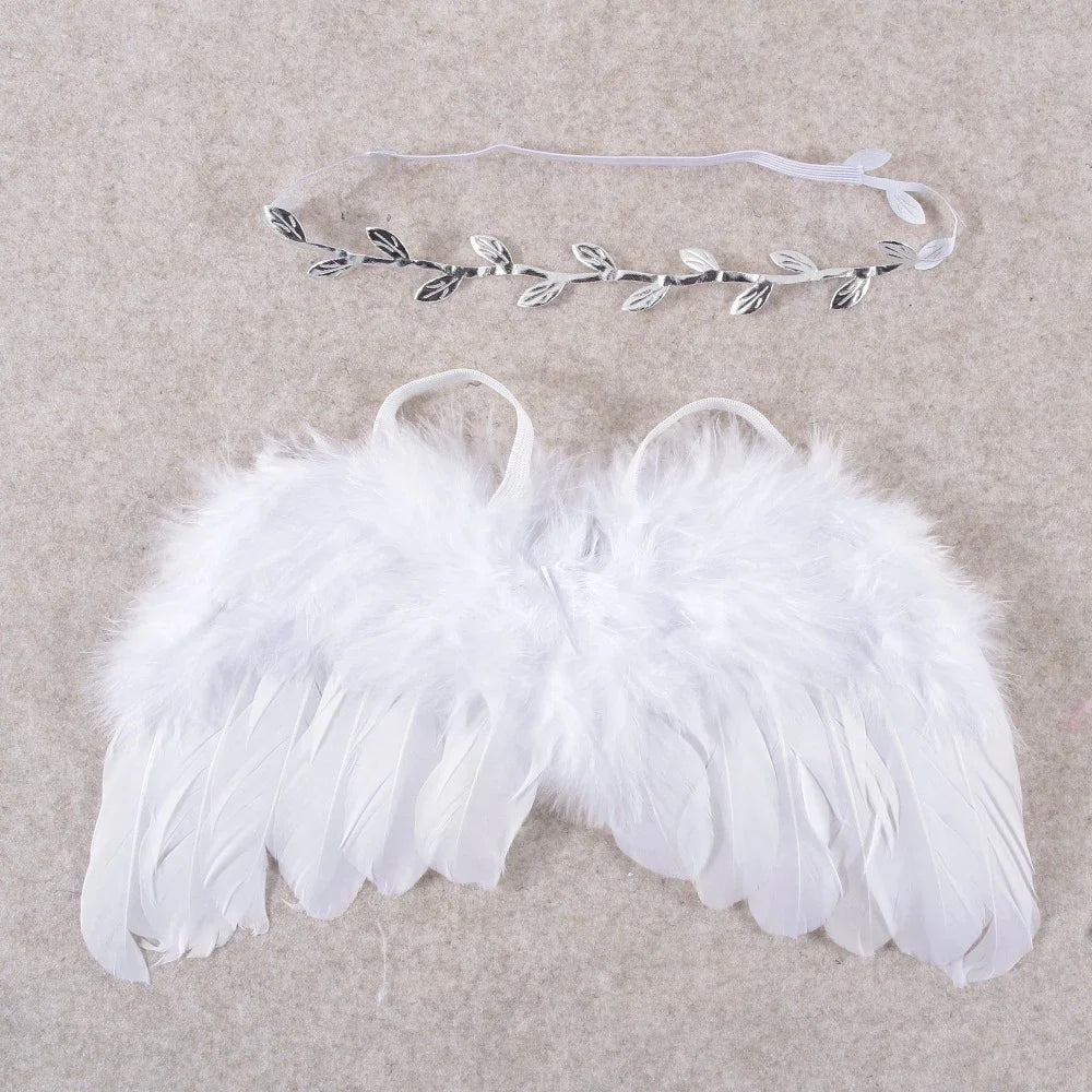 2pcs/lot Newborn Baby Angel Feather Wings with Leaf Flower