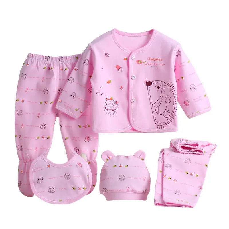 5pcs/set Newborn Baby Suit Set Top 2 Pants Hat Bibs 0-3 M Clothing Set