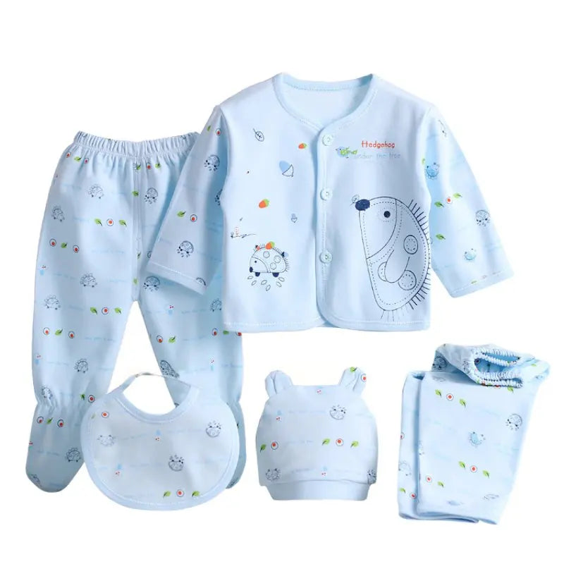 5pcs/set Newborn Baby Suit Set Top 2 Pants Hat Bibs 0-3 M Clothing Set